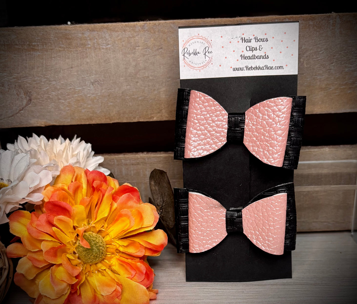 256- Pink/Black Faux Leather Piggy Hairbows