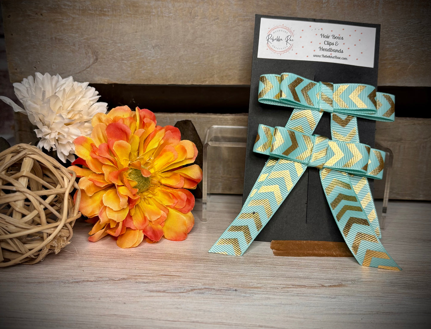 109- Aqua/Gold Chevron Hairbows with Tails