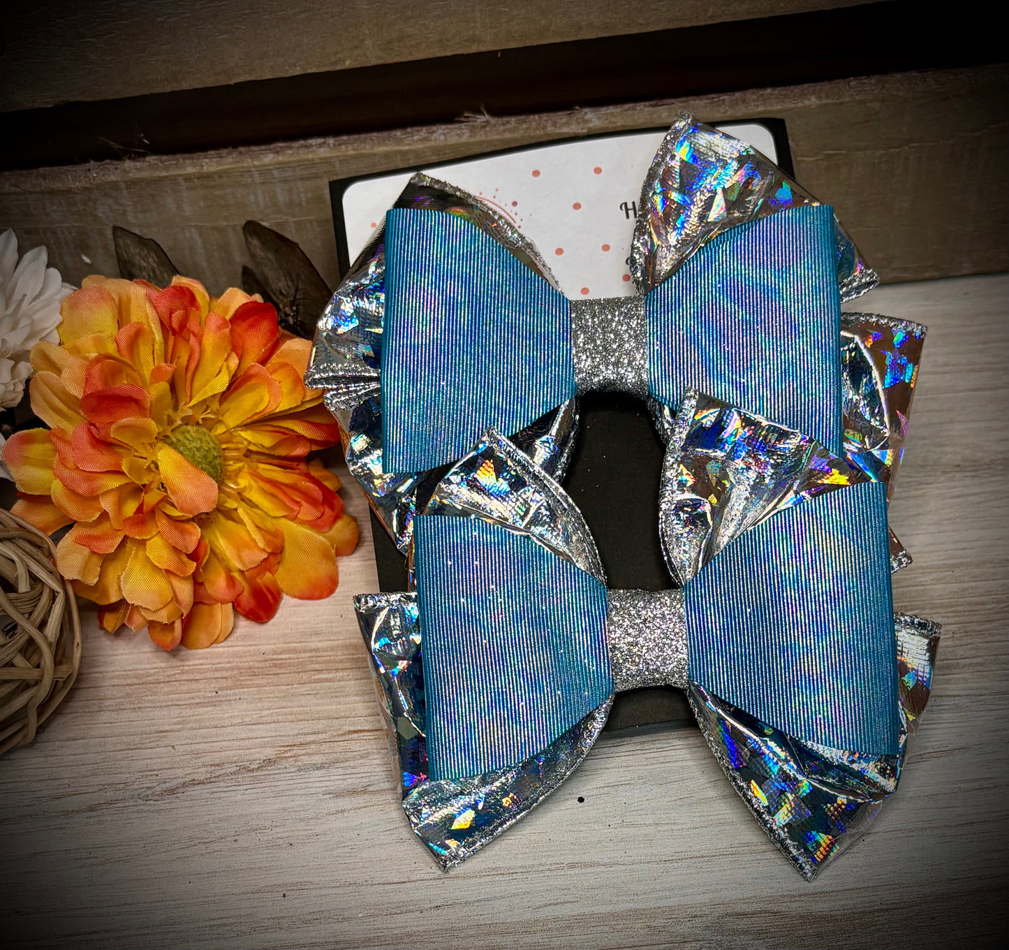 174- Peacock & Silver Prism Hairbows