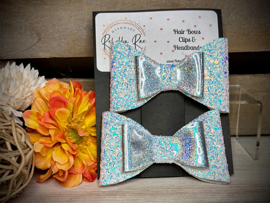 169- White Glitter Holographic Double Hairbows