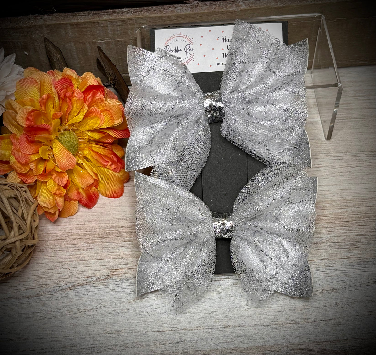 182- Double Tulle/Silver Faux Leather Hairbows