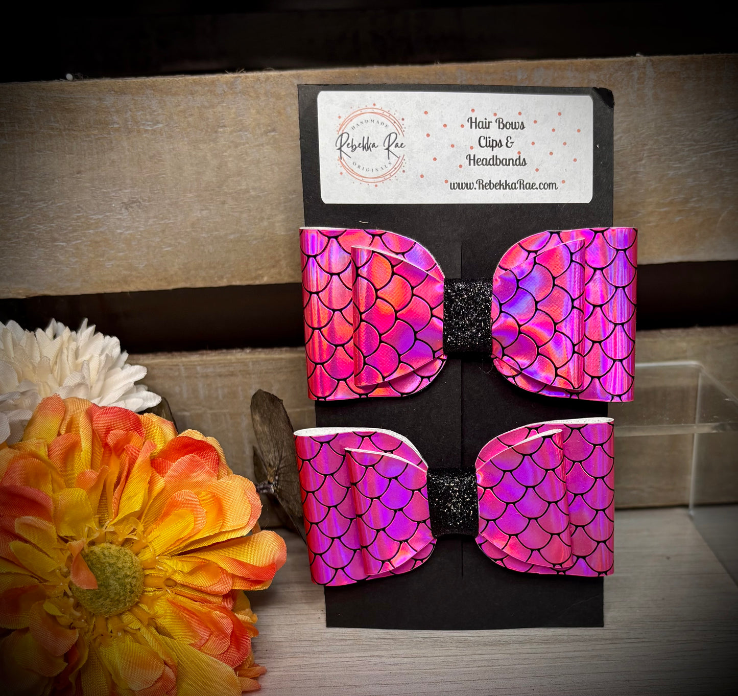 260- Pink Mermaid with Black Glitter Piggy Hairbows