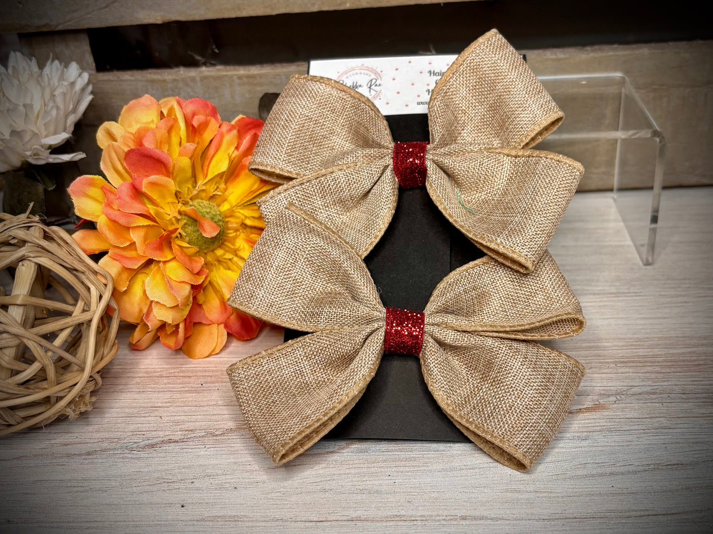 141- Burlap with Red Glitter Center Hairbows