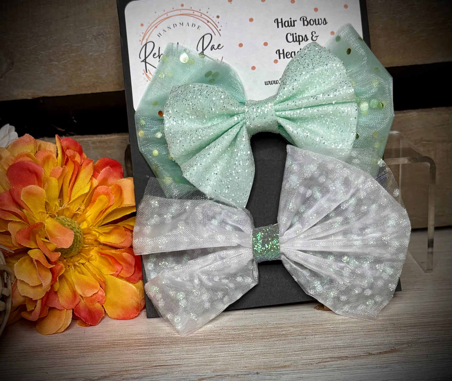 180- Double Mint & Sheer Irredescent Hairbows