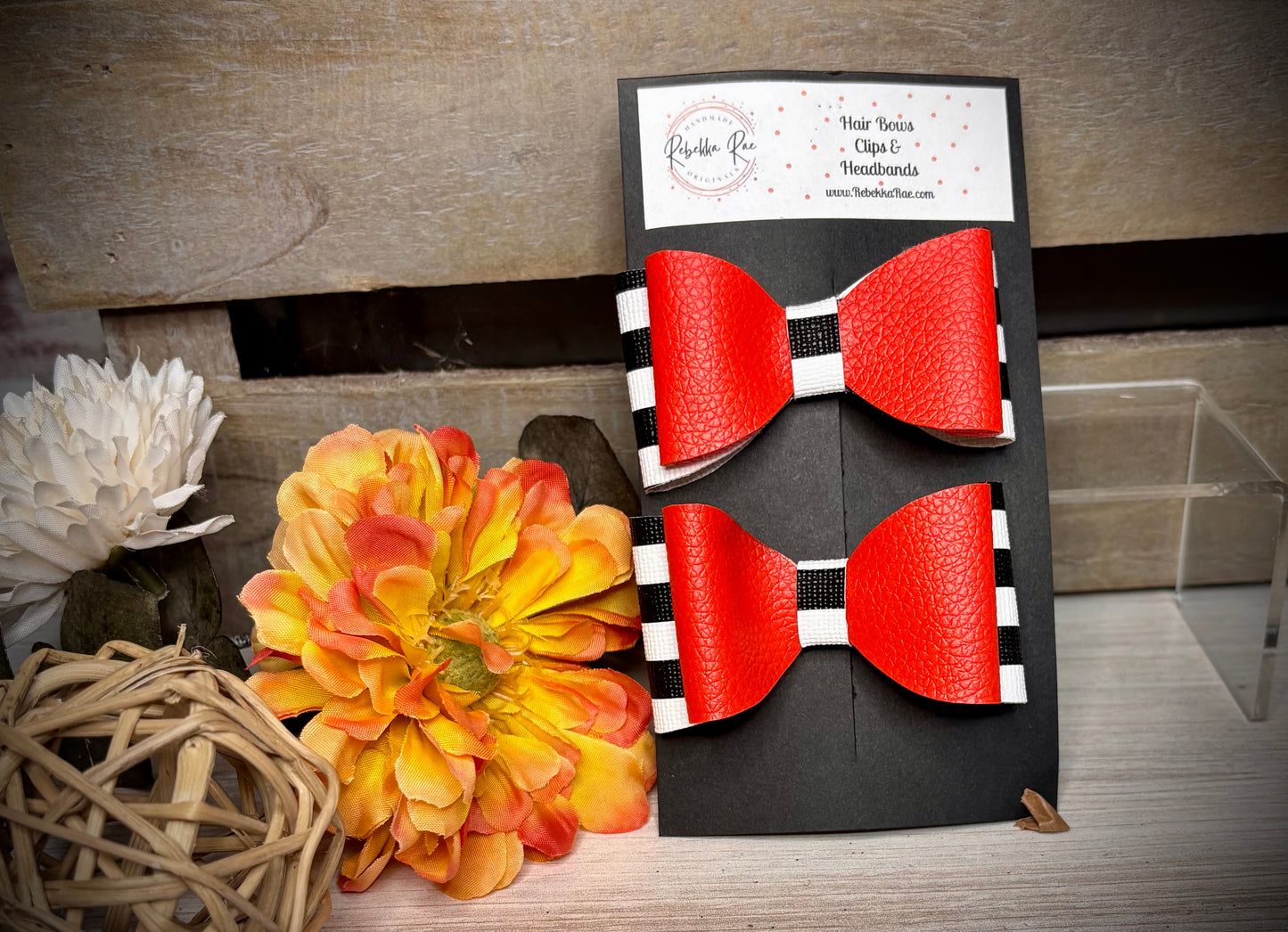149- Red with Black/White Stripe Faux Leather Piggy Hairbows