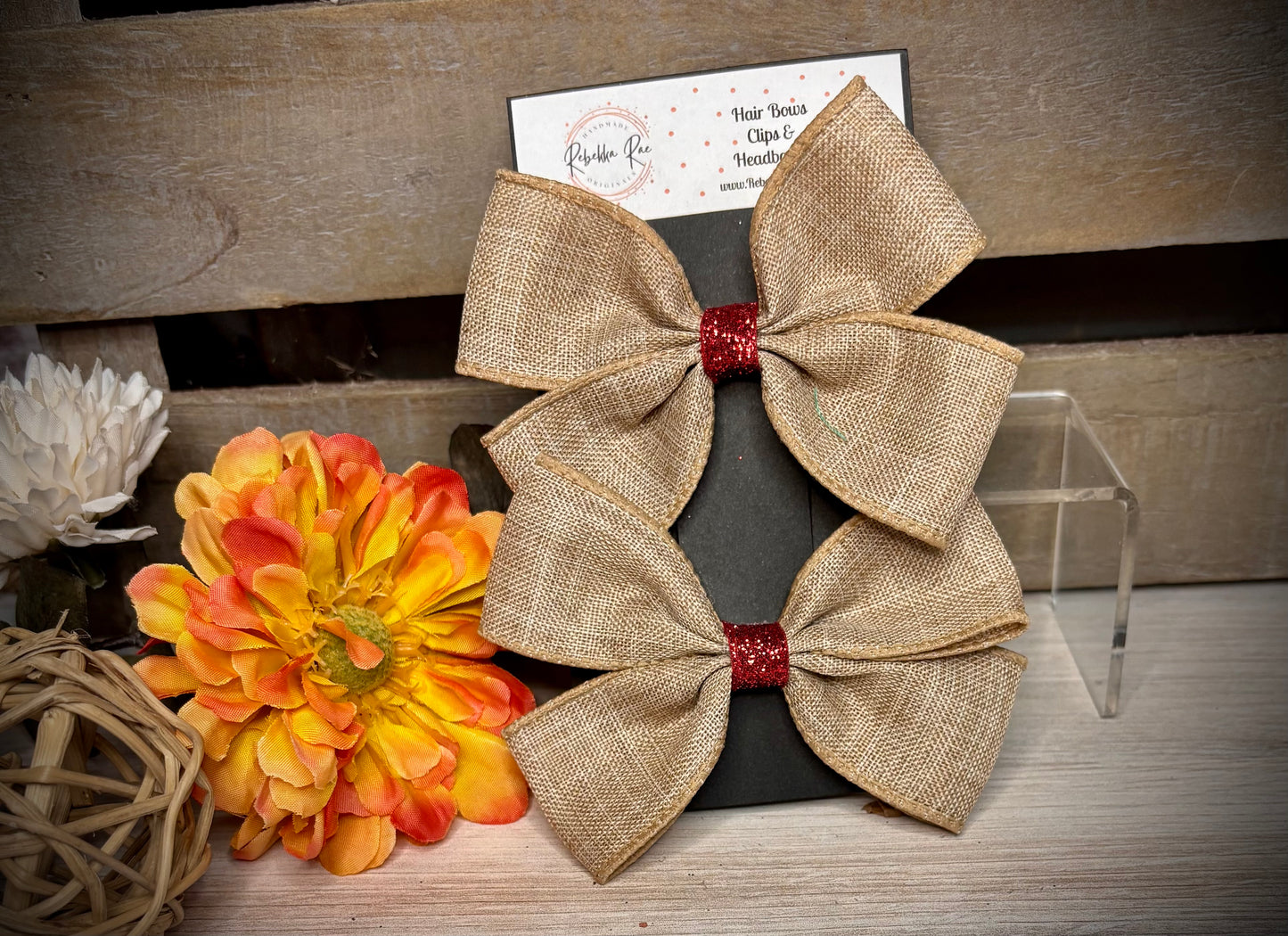 141- Burlap with Red Glitter Center Hairbows