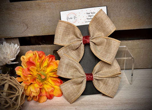 141- Burlap with Red Glitter Center Hairbows