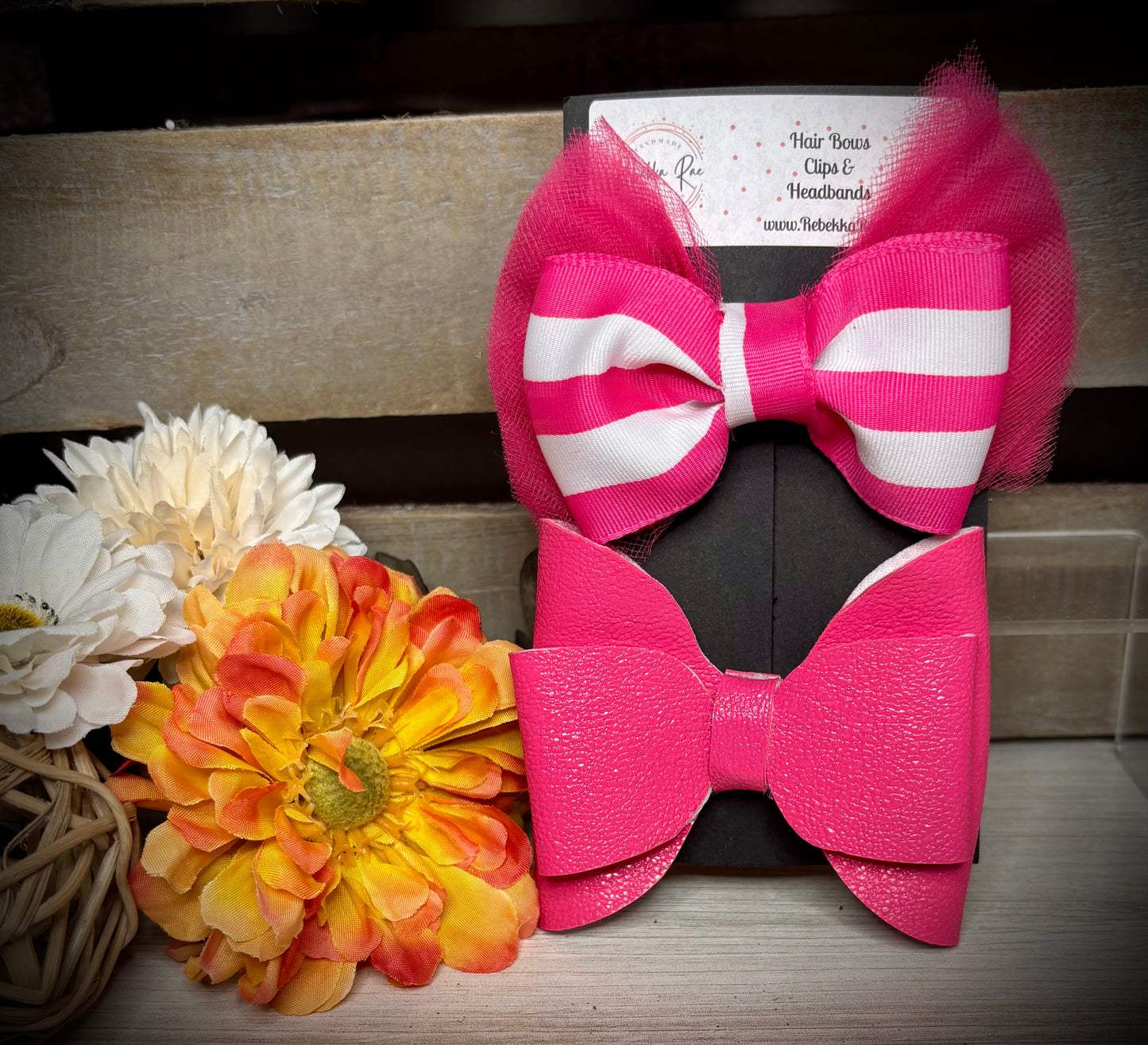 218- Faux Pink Leather & Stripes/Tulle Hairbows