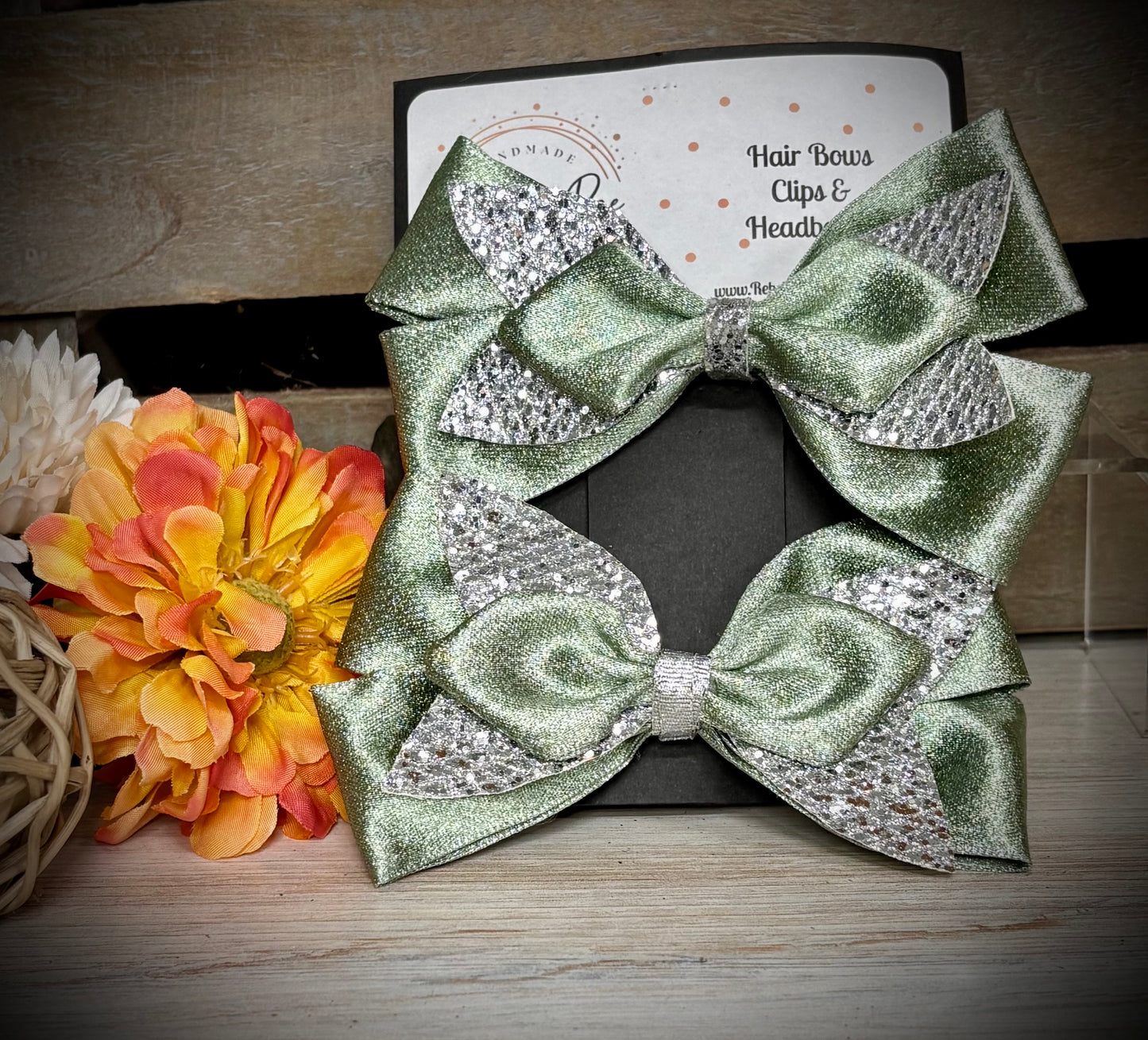 177- Triple Sage and Silver Hairbows