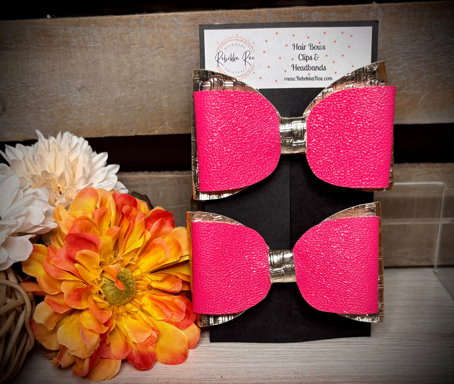 216- Pink & Metllic Faux Leather Hairbows
