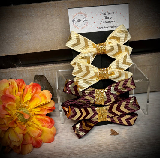 145- Ivory/Gold & Burgndy/Gold Chevron Hairbows
