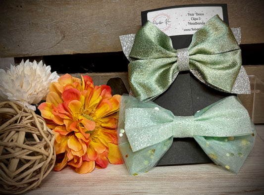 176- Sage Satin & Mint Double Hairbows