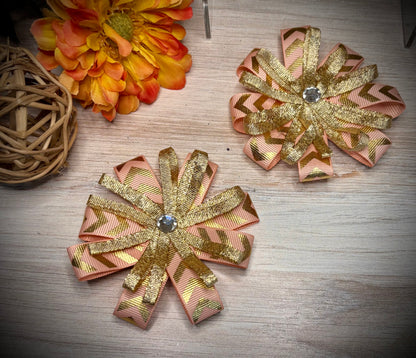 142- Pink/Gold Chevron Flower Hairbows