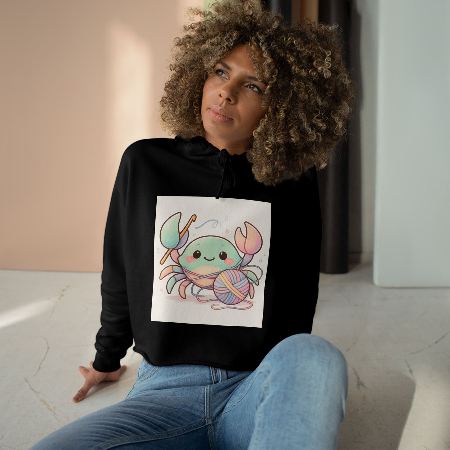 Pastel Crab Crop Hoodie — Cute Kawaii Crab with Yarn Graphic