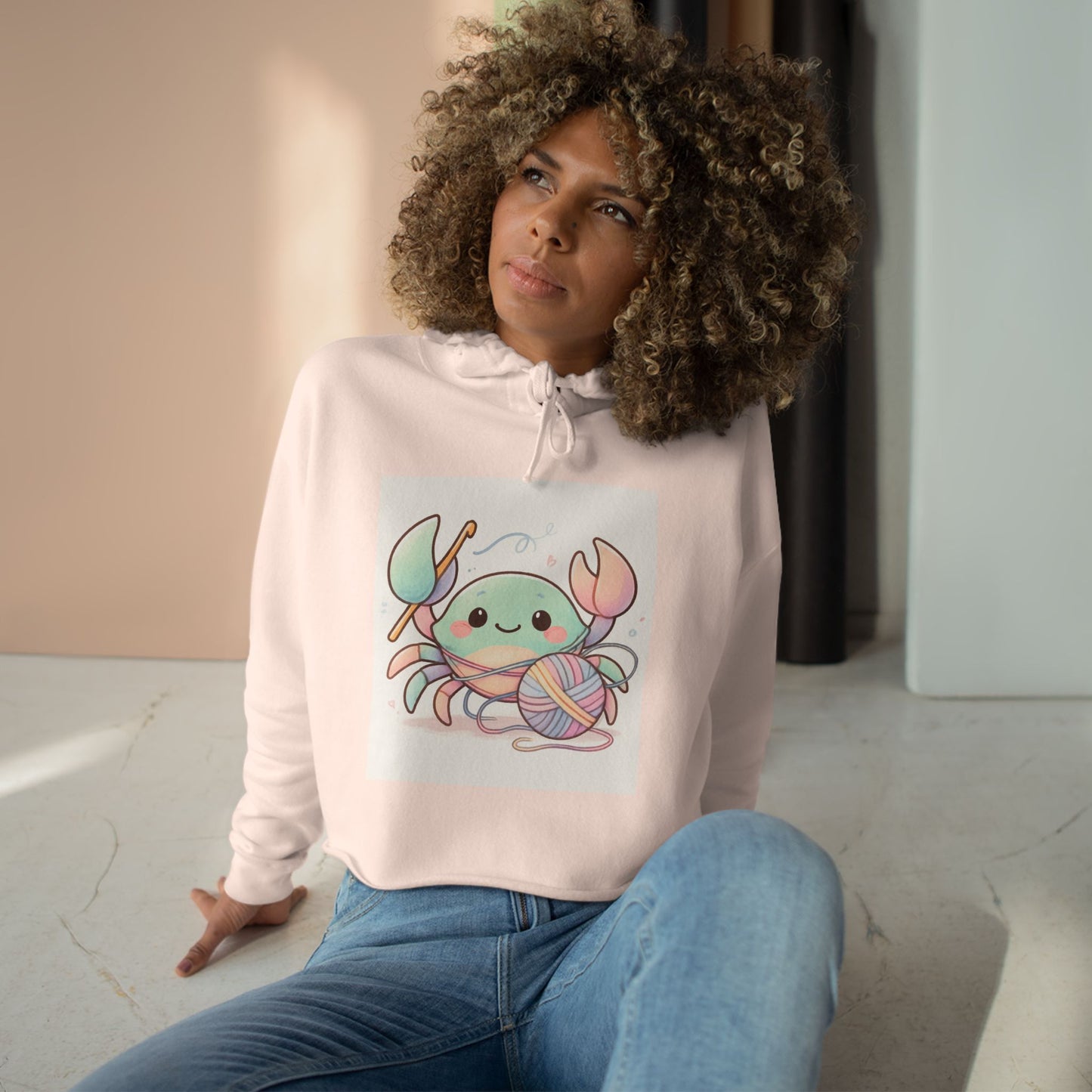 Pastel Crab Crop Hoodie — Cute Kawaii Crab with Yarn Graphic