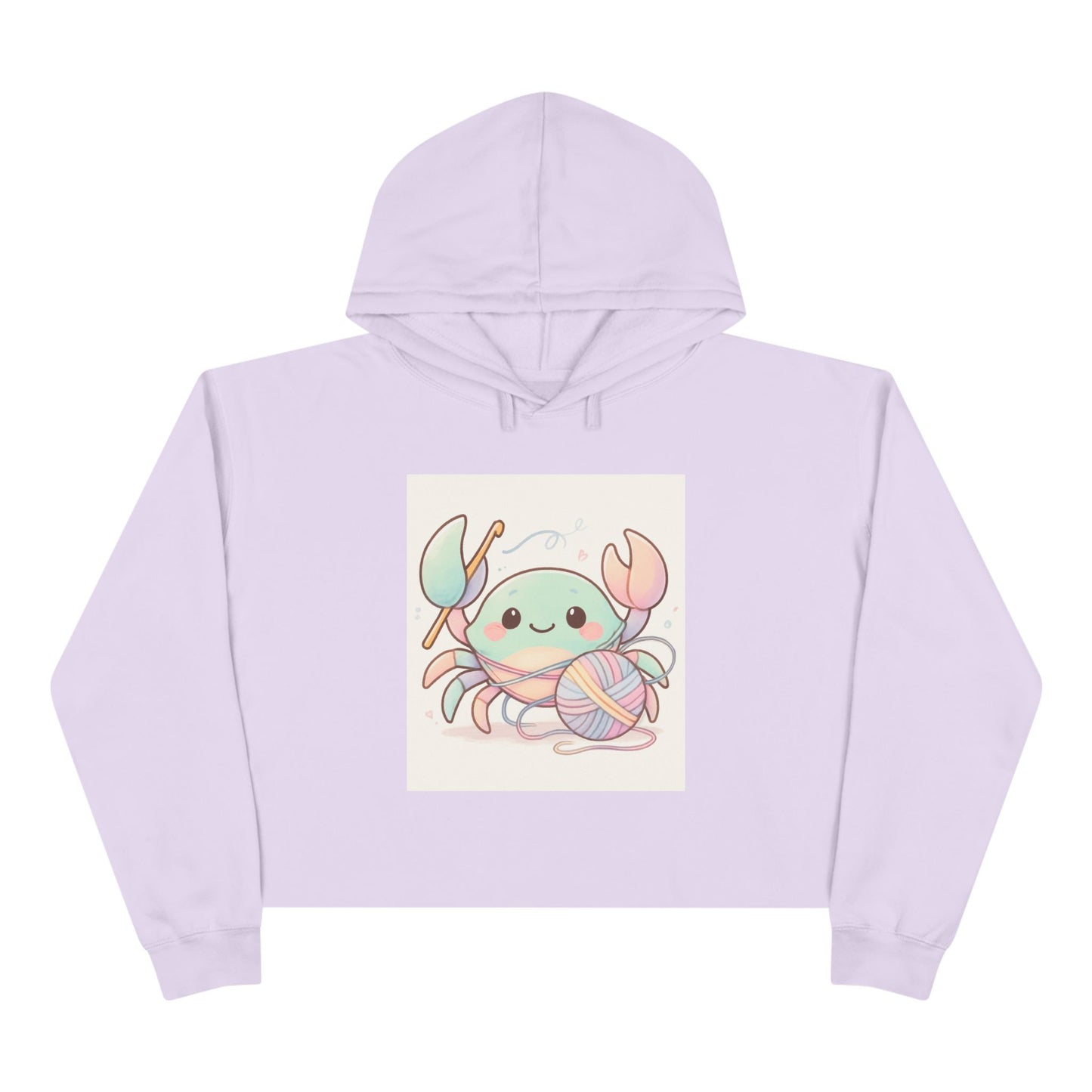 Pastel Crab Crop Hoodie — Cute Kawaii Crab with Yarn Graphic