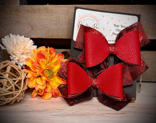 105- Red Faux Leather and Organza Hairbows
