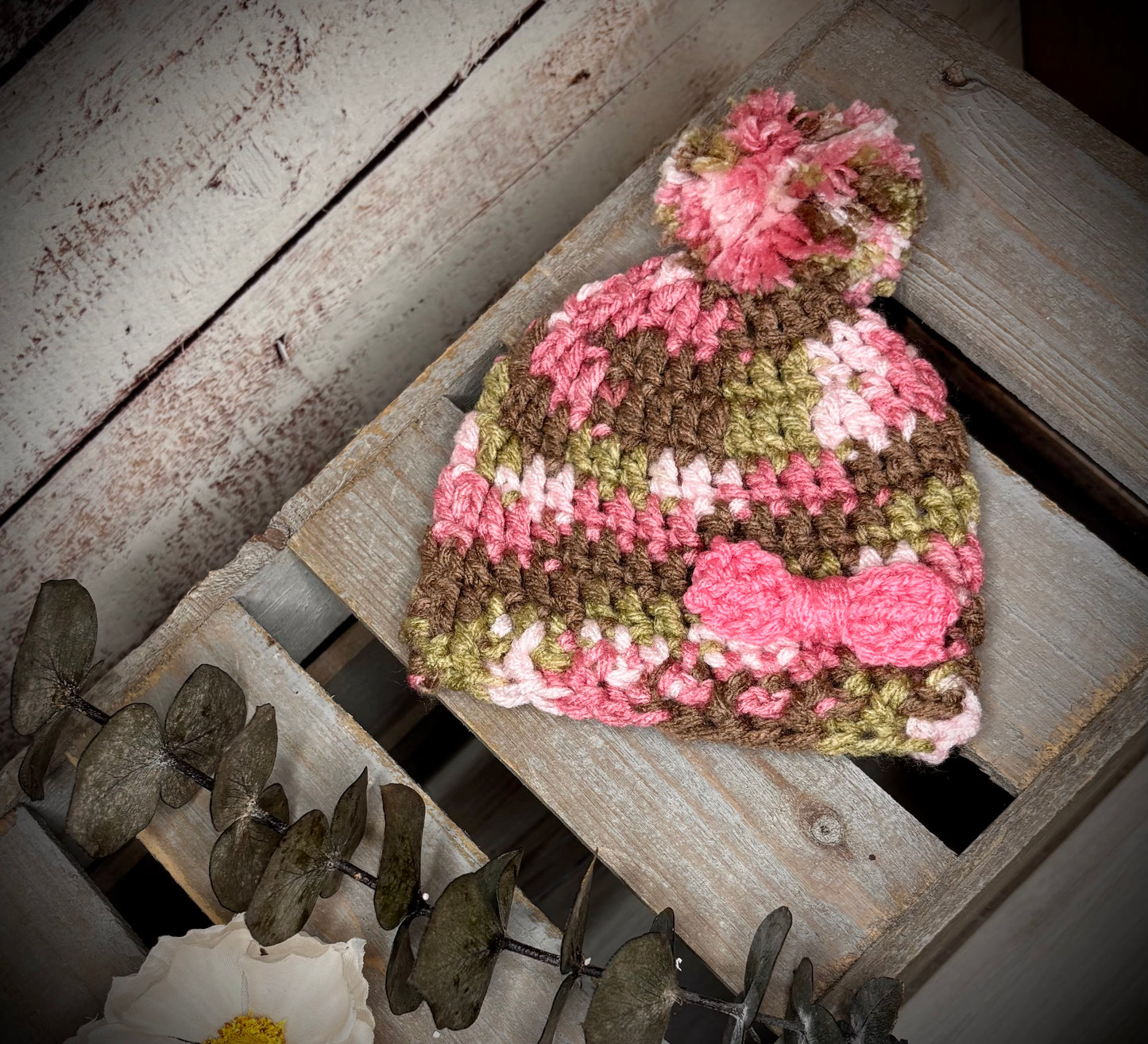 Newborn Pink Camo Hat with Pom