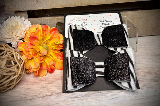 158- Zebra with Black Glitter Double Hairbows