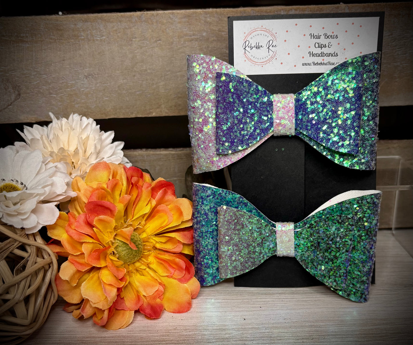 215- Double Blue/Green Glitter Hairbows