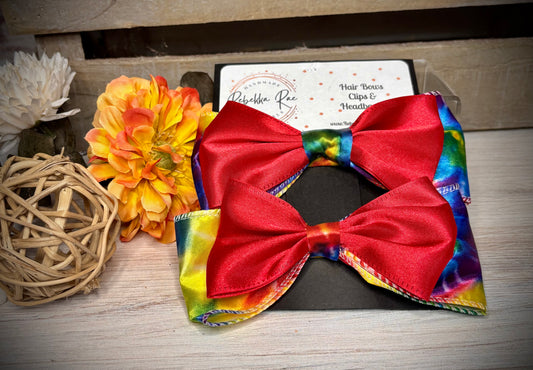 154- Red & Rainbow Tie Dye Hairbows