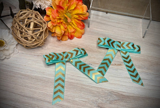 109- Aqua/Gold Chevron Hairbows with Tails