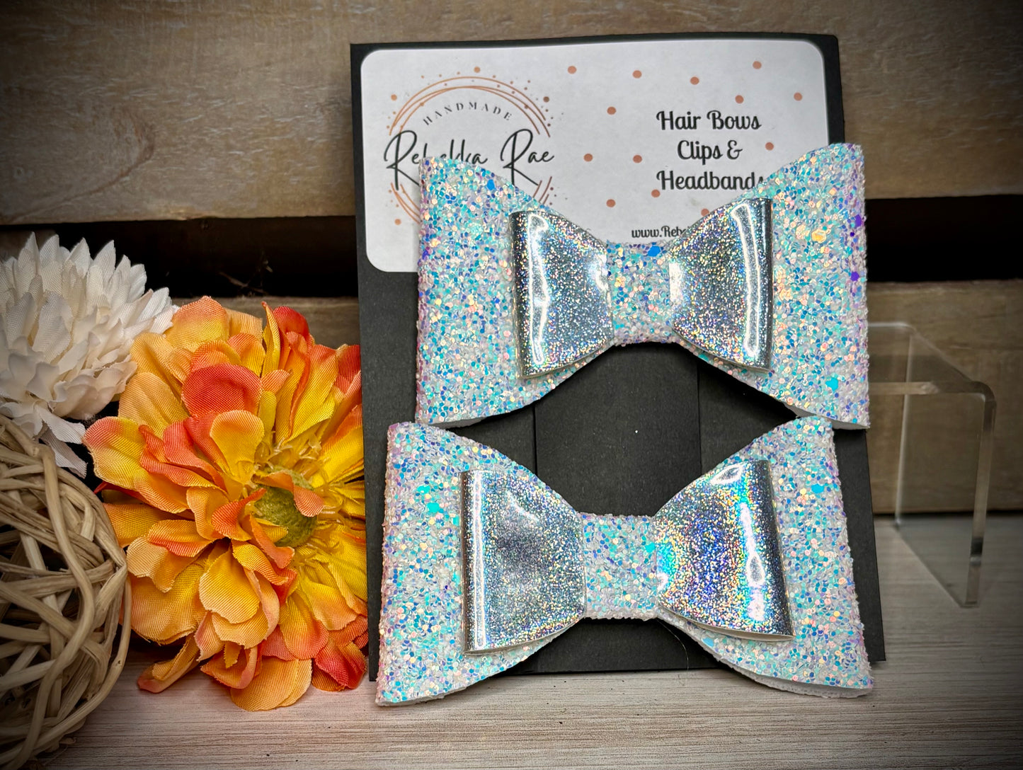 169- White Glitter Holographic Double Hairbows