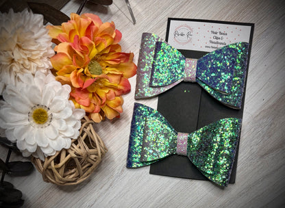215- Double Blue/Green Glitter Hairbows