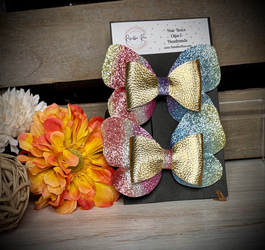 185- Gold & Rainbow Glitter Butterfly Hairbows