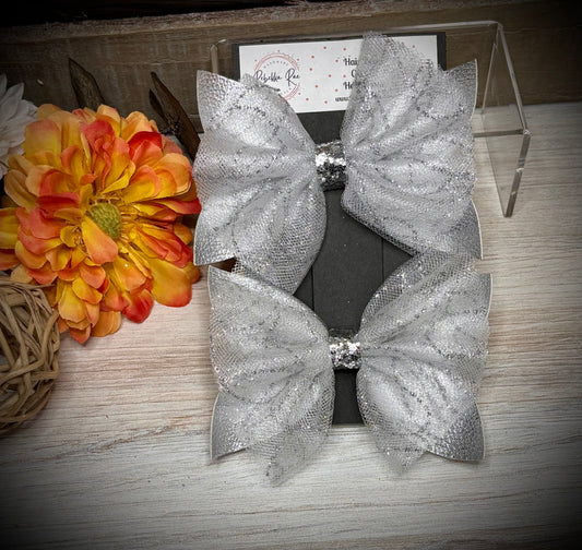 182- Double Tulle/Silver Faux Leather Hairbows