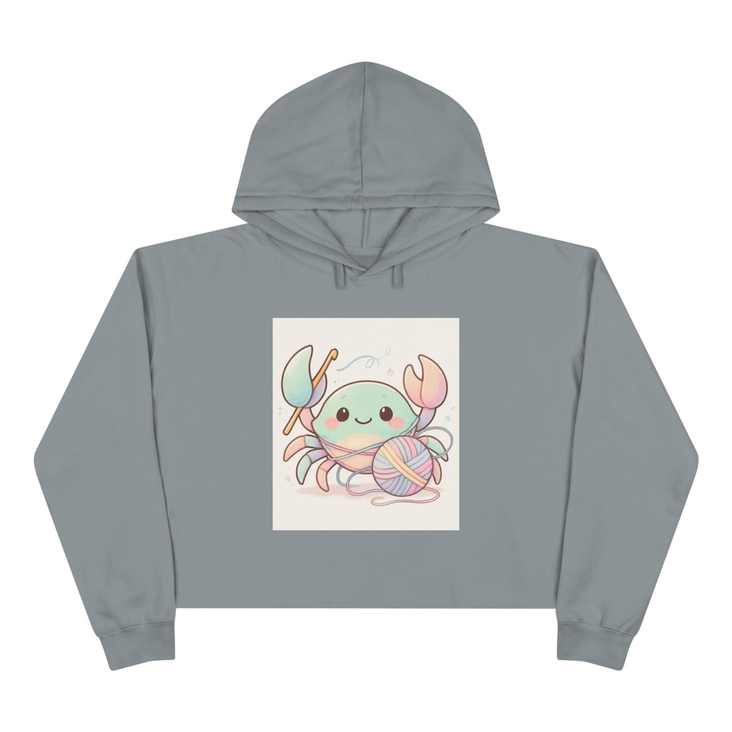 Pastel Crab Crop Hoodie — Cute Kawaii Crab with Yarn Graphic