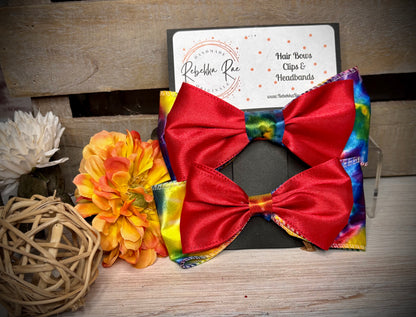 154- Red & Rainbow Tie Dye Hairbows
