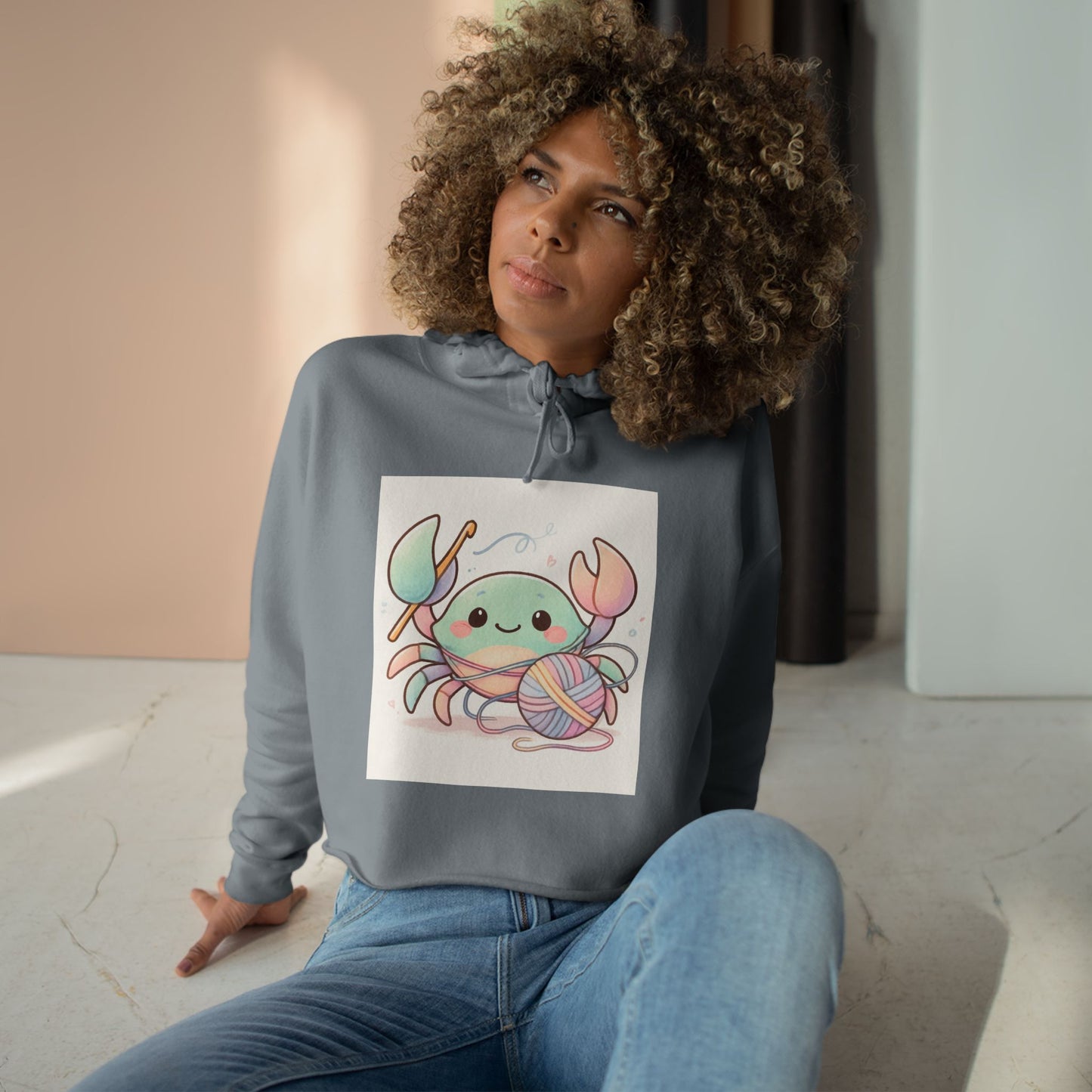 Pastel Crab Crop Hoodie — Cute Kawaii Crab with Yarn Graphic