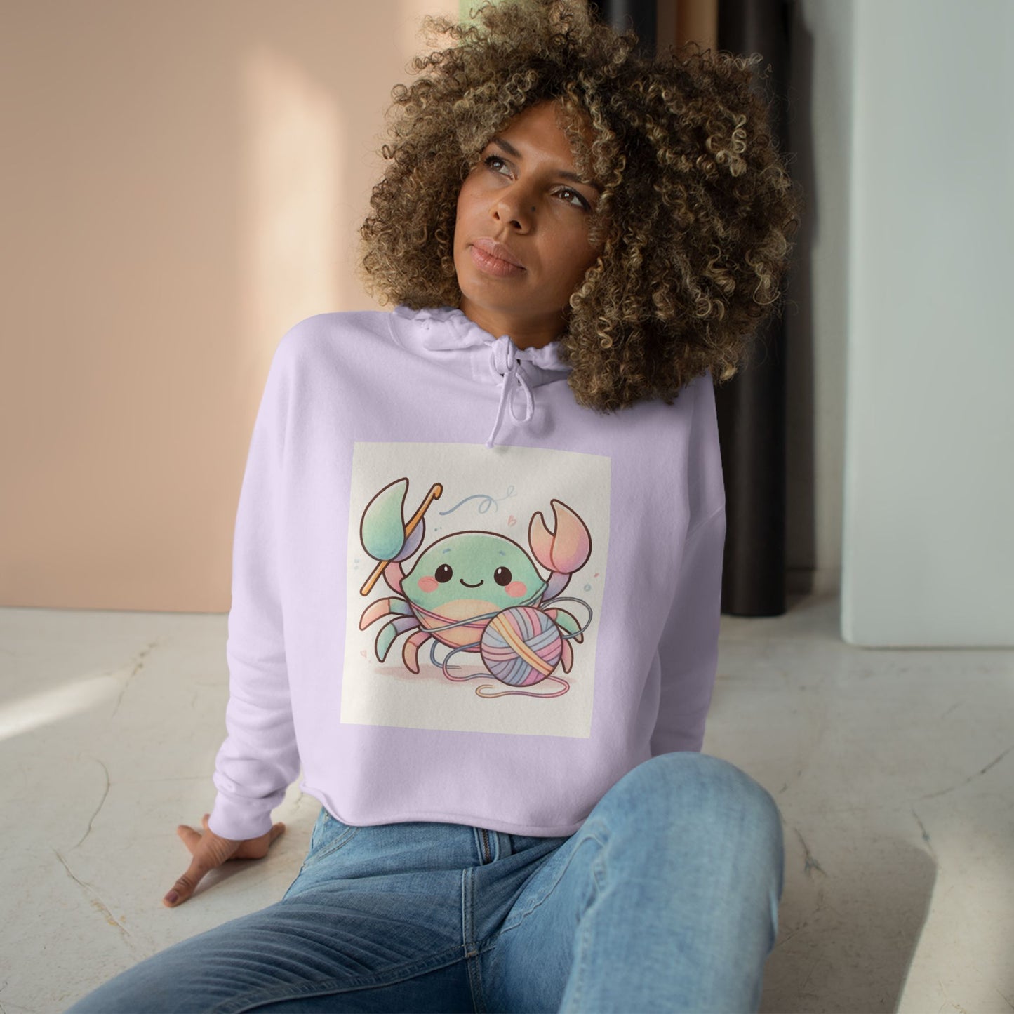 Pastel Crab Crop Hoodie — Cute Kawaii Crab with Yarn Graphic