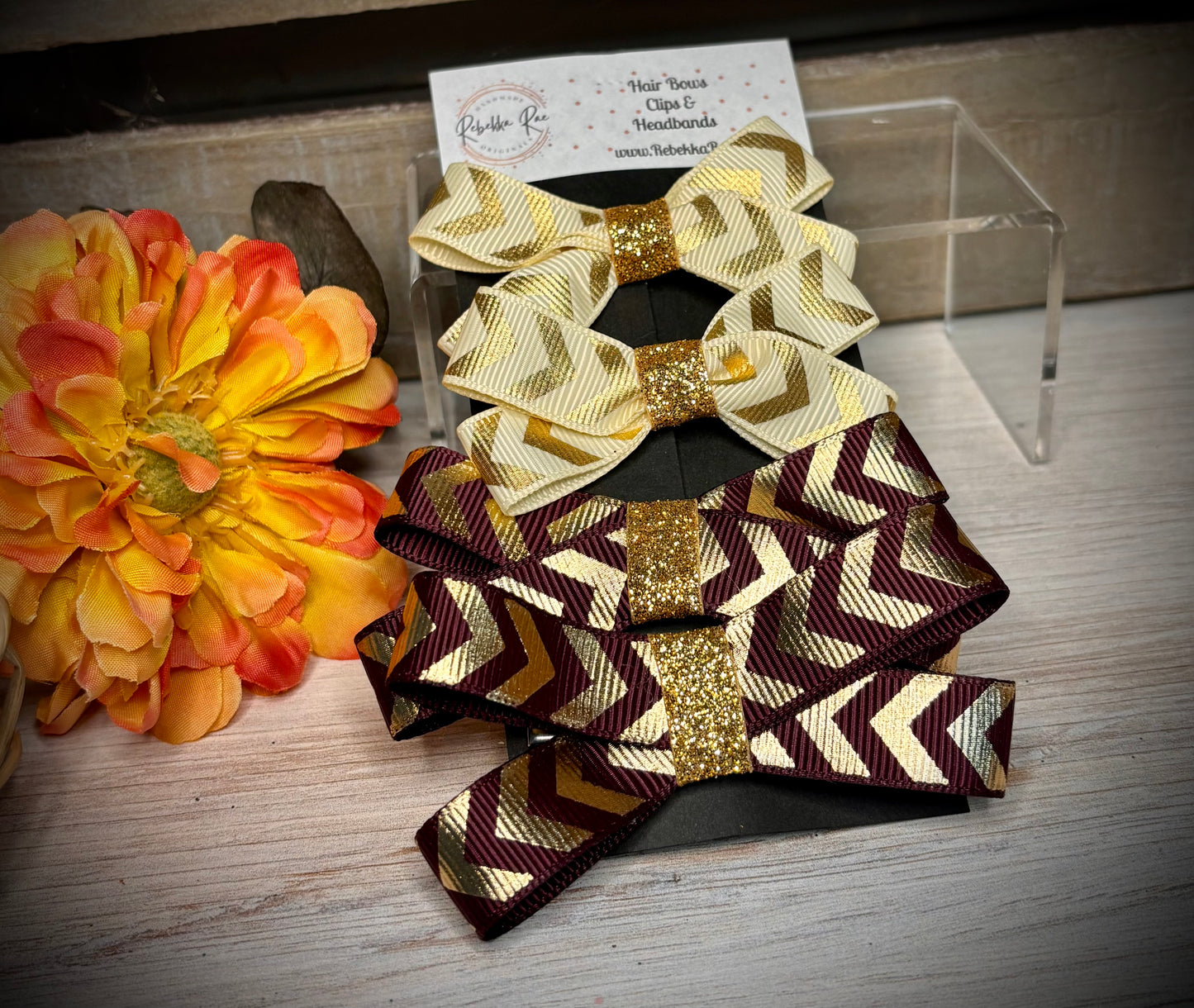 145- Ivory/Gold & Burgndy/Gold Chevron Hairbows