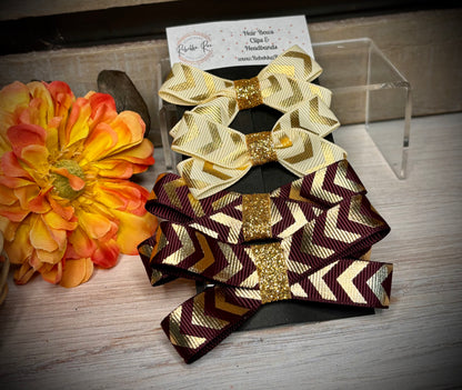 145- Ivory/Gold & Burgndy/Gold Chevron Hairbows