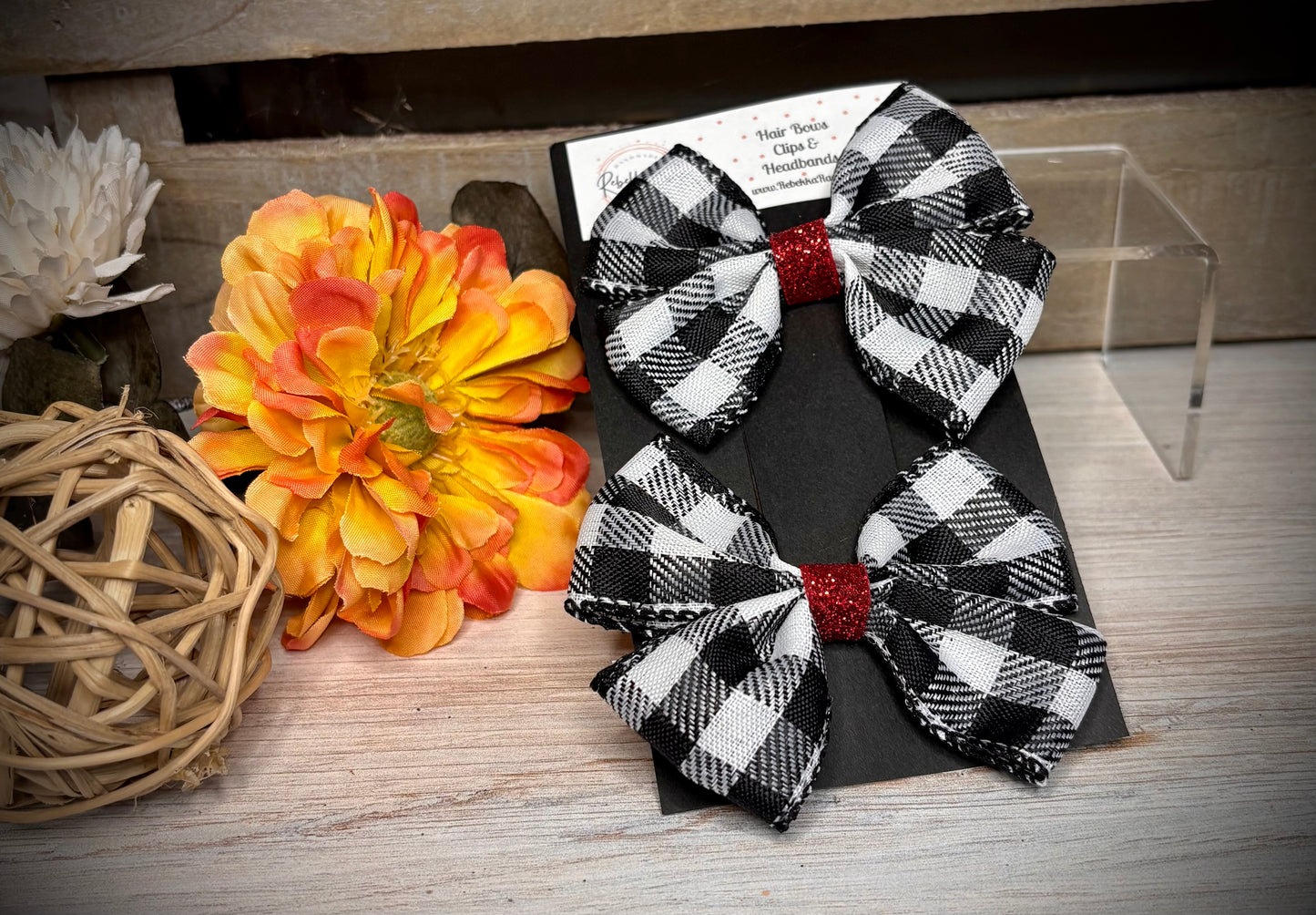 153- Black/White Plaid with Red Glitter Hairbows