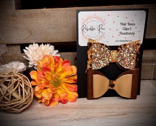 239- Brown Faux Leather & Gold Confetti Hairbows