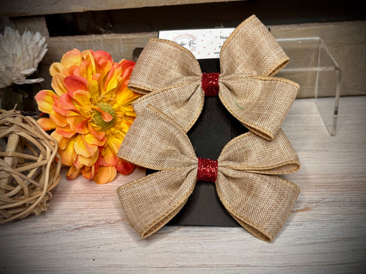 141- Burlap with Red Glitter Center Hairbows