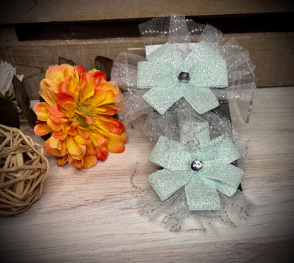 155- Mint & Tulle Rhinestone Flower Hairbows