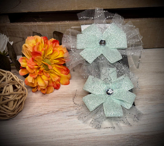 155- Mint & Tulle Rhinestone Flower Hairbows