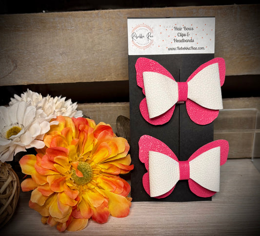 267- White/Pink Butterfly Faux Leather Piggy Hairbows