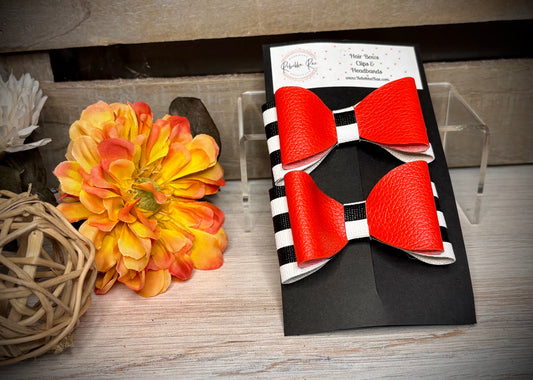 149- Red with Black/White Stripe Faux Leather Piggy Hairbows