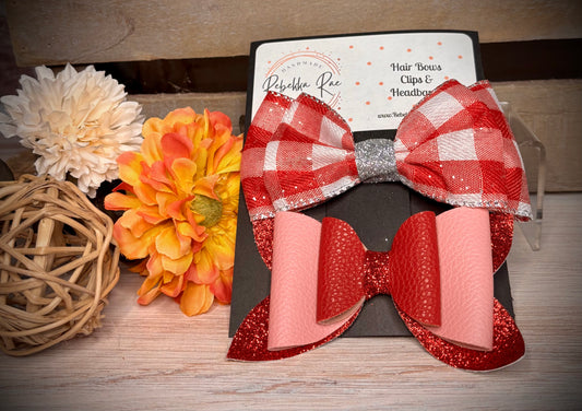 102 - Red Plaid and Triple Pink Glitter Hair Bows