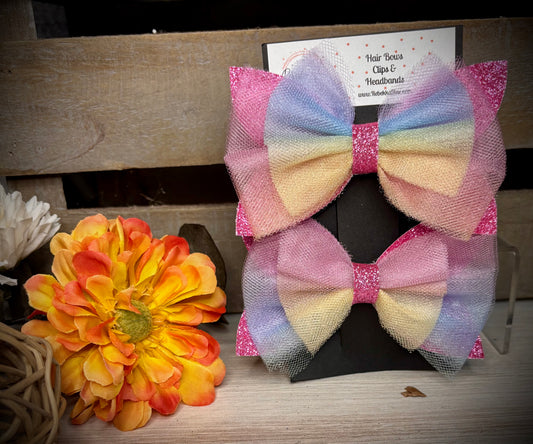 122- Triple Pastel & Pink Glitter Tulle Hairbows