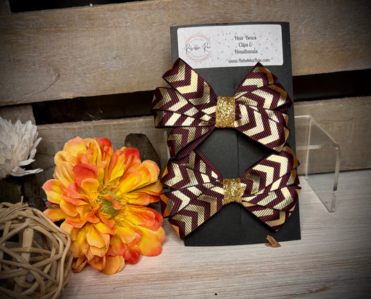 144- Burgndy/Gold Chevron Hairbows