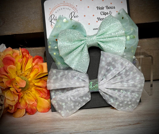 180- Double Mint & Sheer Irredescent Hairbows