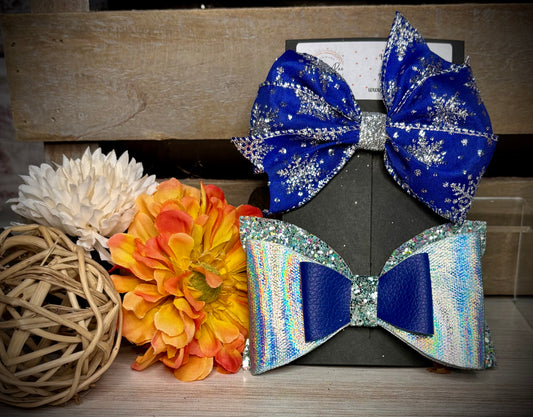 168- Blue organza Snowflakes & Triple Halographic Blue Hairbows