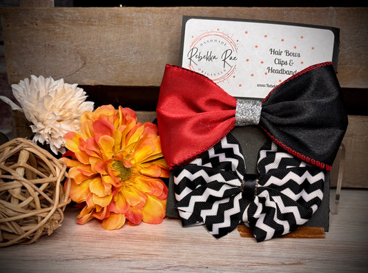 106- Red/Back Satin and ZigZag Hairbows
