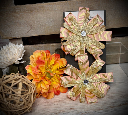142- Pink/Gold Chevron Flower Hairbows